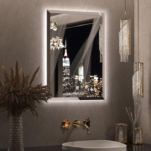 Keonjinn 20 x 28 Inch Backlit Mirror Bathroom, Frameless LED Mirror for Bathroom, Beveled Edge, HD Tempered Glass, UL-Listed LED Driver, Anti-Fog, Dimmable, Memory Function, French Cleat Installation - color: Backlit Beveled Edge, size: 28"L x 20"W