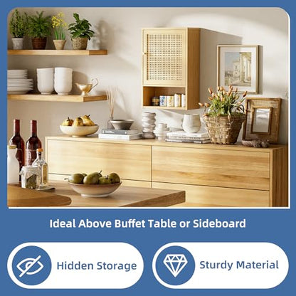 HITNET Bathroom Wall Cabinet, Rattan Medicine Cabinet, Bamboo Hanging Storage Organizer Over The Toilet with Adjustable Shelf for Living Room, Kitchen, Hallway(Natural) - color: Natural