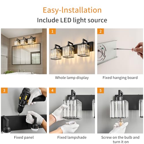 Modern Bathroom Vanity Light 3-Lights Black Crystal Wall Lamp Bathroom Modern Crystal Vanity Lighting - color: Black Crooked, size: 3-light