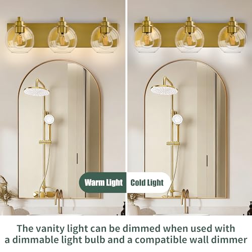 3 Light Bathroom Light Fixtures-Brushed Gold Bathroom Vanity Lights, Modern Vanity Lights 3-Light Bathroom Lighting Fixtures Over Mirror with Clear Glass Globe Shade - color: Gold, size: 3-Light