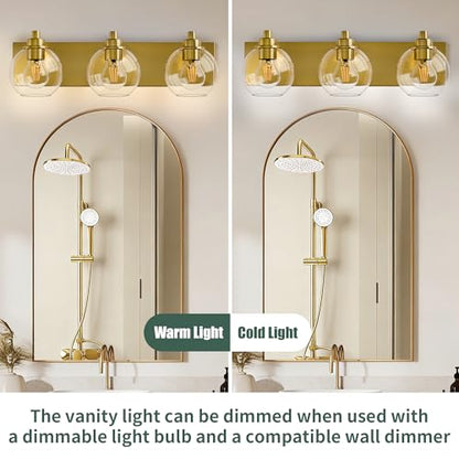 3 Light Bathroom Light Fixtures-Brushed Gold Bathroom Vanity Lights, Modern Vanity Lights 3-Light Bathroom Lighting Fixtures Over Mirror with Clear Glass Globe Shade - color: Gold, size: 3-Light