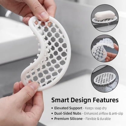 2 Pack White Silicone Soap Dish, Self Draining Non-Slip Soap Holder, Bar Soap Saver Pad for Shower, Bathtub, Bathroom & Kitchen (White) - color: White