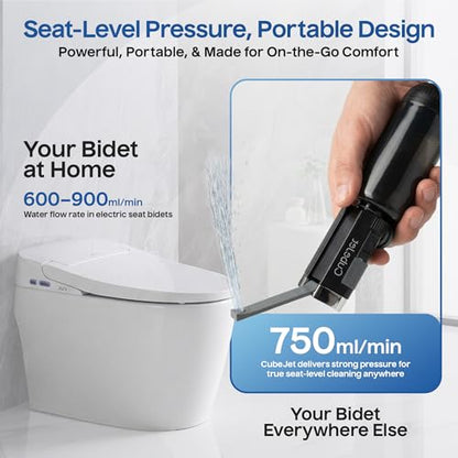 BIDET BUDDY® CubeJet Portable Bidet for Travel, 380mL Bottle Obsidian Drift | Rechargeable Battery 1100mAH, IPX6 Waterproof Wand-Style Nozzle, USB-C High-Pressure Hygiene Device for Camping & Home