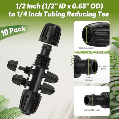 10 Pack 1/2" To 1/4" Drip Irrigation Fittings, 1/2 Inch (1/2" ID x 0.6-0.65" OD) Drip Line to 1/4 Inch Irrigation Tubing Barbed Adapter Anti-Drop Locked Nut Barbed Reducer 6 Way Tee Connectors - size: 1/2" to 1/4" 6-way-10P