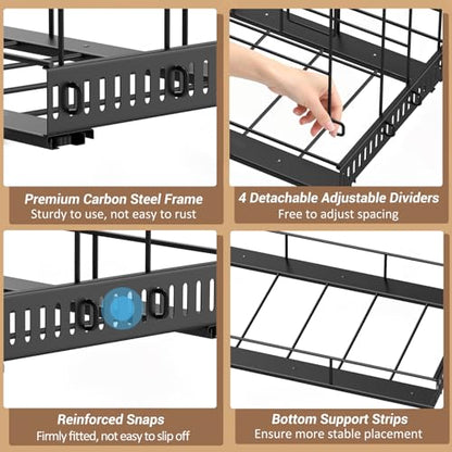 Housolution Pull Out Baking Tray and Cookie Sheet Cutting Board Organizer | 21.5" Deep & 12" Wide, 4 Adjustable Dividers, Sliding Rail Design, Sturdy Metal Structure, Adhesive/Screw Fixing - color: Black, 4 Dividers, size: Large