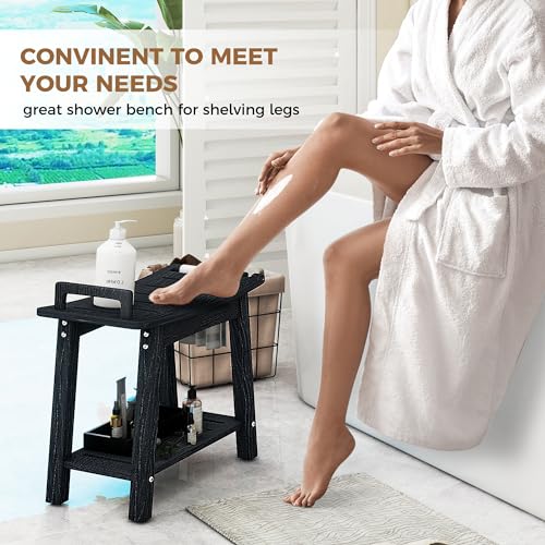 FLyjoe 24 INCH Extra Large Shower Bench for Inside Shower Shaving Legs, Waterproof HDPE Shower Chair Seat with Storage Shelf and Handles Spa Shower Stool for Bath Tub Bathroom Use, Black - color: Large-black