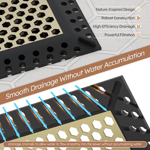 Not Moving Square Shower Drain Hair Catcher, Drain Cover, 4 inch | 304 Stainless Steel and TPE Material/ Efficient Drainage / Easy Clean / Anti-Clogging / Fits Bathroom Hair Catcher for Shower - color: Matte Black & Brushed Gold, size: 4 inch