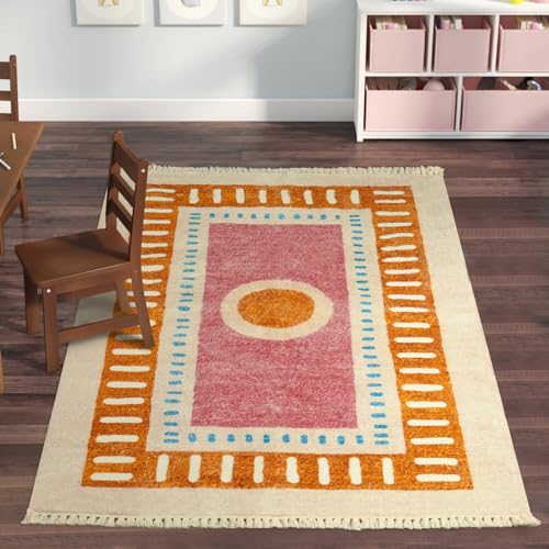 Lukinbox Boho Kids Area Rugs for Living Room, 3x5 Sun Machine Washable Bedroom Rug, Super Soft Non-Slip Orange Circular Rainbow Throw Rug for Entryway Playroom Nursery Room Dinning Room - size: 2'11" x 4'11" (Rectangular)