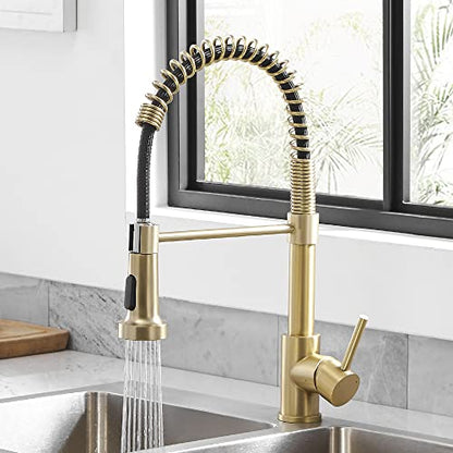 Kitchen Faucet Pull Down Sprayer, Stainless Steel, Brushed Gold | Stainless Steel NSF Certified,1 Handle Faucet,Farmhouse Camper Laundry Utility Rv Wet Bar Sinks,Deck Plate 1,3 Hole - color: C - Brushed Gold