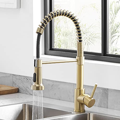 Kitchen Faucet Pull Down Sprayer, Stainless Steel, Brushed Gold | Stainless Steel NSF Certified,1 Handle Faucet,Farmhouse Camper Laundry Utility Rv Wet Bar Sinks,Deck Plate 1,3 Hole - color: C - Brushed Gold