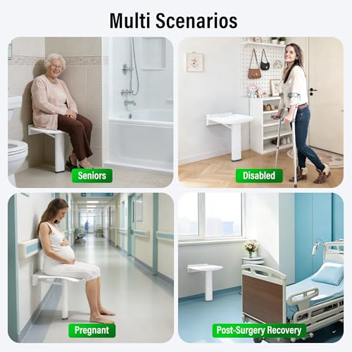 16-Inch Wall-Mounted Folding Shower Seat, Stable Anti-Slip Chair Legs Foldable Shower Chair, Textured Seat Surface Suitable for Seniors Disable(ADA Compliant), Maximum Capacity 660 lb - size: 16 inches