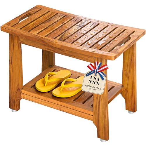 NNN 24" Home Teak Shower Bench with Japan-Made Non-Slip Leveling Feet | US Patented Design, Marine-Grade Hardware, Pre-Oiled European Teak Oil, Ready, 300lb, for Showers Spa Sauna & Outdoor Pools - size: 24"W x 13" Dx 18"H