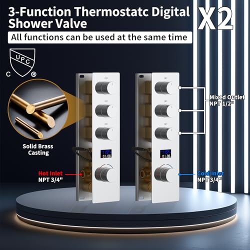 Dual Shower Mixer 6 Way Full Body Shower Head System Rain 12+8+8 Inch With Wall Mount 6 Pcs Jets 2 Handheld Shower Diverter Valve Digital Display Fauct Set，Chrome - color: Chrome