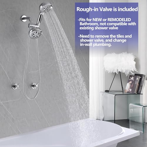 2 Handle Shower Faucet Set Chrome Shower Trim Kit with Valve | 9 Modes Hand Shower, 7 Modes Shower Head, Dual Head Work independently /Work Together, Brass Valve, NPT 1/2" US Connection - color: Chrome, style: Style C