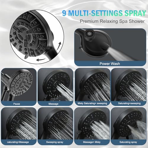 9 Settings High Pressure Magnetic Shower Head with Handheld | Power Wash for Tub&Tile, Magnetic Bracket, Pause Mode for Water Saving, Easy Clean Nozzles, Stainless 6ft Hose, Matte Black - color: Matte Black