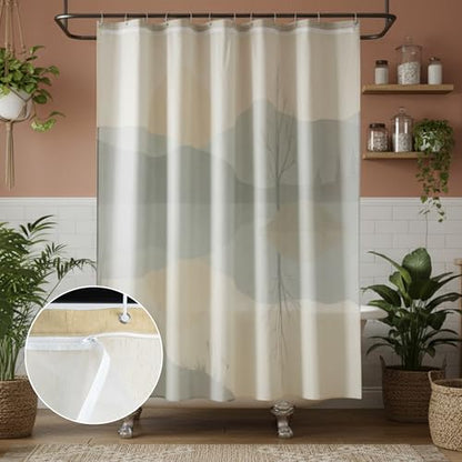 Lake Scenery Linen Boho Shower Curtain Set with Liner,72" Wx72 L | Double Layer Shower Curtain Waterproof Fabric with Zippered Removable PEVA Liner,Boho Shower Curtain for Bathroom,Free Hooks - color: Sunset Landscape