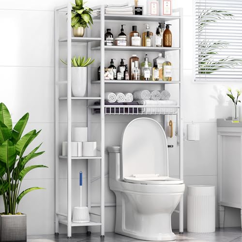 Kalrin 8-Tier Over The Toilet Storage with Side Rack, Over Toilet Storage Rack with Adjustable Shelf & Drain Basket, Freestanding Bathroom Organizer for Balcony, Laundry (Pure White) - color: Pure White