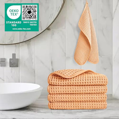 POLYTE 430 GSM Microfiber Lint Free Washcloth Face Towel, 13 x 13 in, 4 Pack (Waffle Weave) - color: Orange