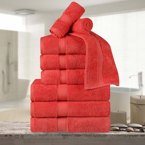 Superior Egyptian Cotton 800 GSM Plush & Absorbent, 9 Piece Set, Coral | Quick Dry, Soft Luxury Towel Set, Bath Essentials, Guest Bath, Spa, 3 Bath, 3 Hand, 3 Face Towel, Madeline Towels - color: Coral, size: 9 Piece Towel Set