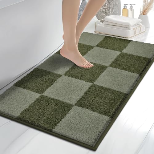 Bathroom Rugs, 24" x 36" Bath Rugs, Checkered Budding Green & Sage Green | Non-Slip, Super Absorbent, Machine Washable, Quick Dry, Bath Mats for Shower and Bathtub, TPR Backing - color: Checkered-budding Green & Sage Green, size: 24" X 36"