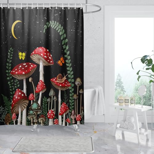Extra Long Black Mushroom Shower Curtains 72 x 84 Inch, Waterproof Fabric Rustic Retro Mushroom Moon Butterfly Shower Curtain for Bathrooms - color: Black Mushroom, size: 72"W x 84"L (Pack of 1)