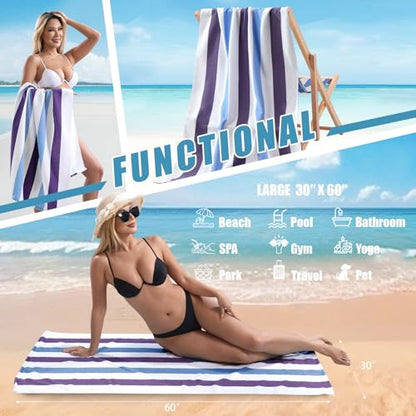 Beach Towel Set-4 Pack 30"x60" Sand Free Stripe Beach Towel for Pool,Bathroom,Soft Absorbent Quick Dry Lightweight Beach Bath Towel,Camping Blanket,Travel Towel,Beach Essentials for Adults,Plum/Blue - color: Plum/Blue