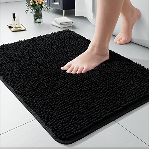 LOCHAS Luxury Bathroom Rug Shaggy Bath Mat 24 x 17 Inch, Black | Washable Non Slip Bath Rugs for Bathroom Shower, Soft Plush Chenille Absorbent Carpets - color: Black, size: 1'5" X 2' (24''x17'')