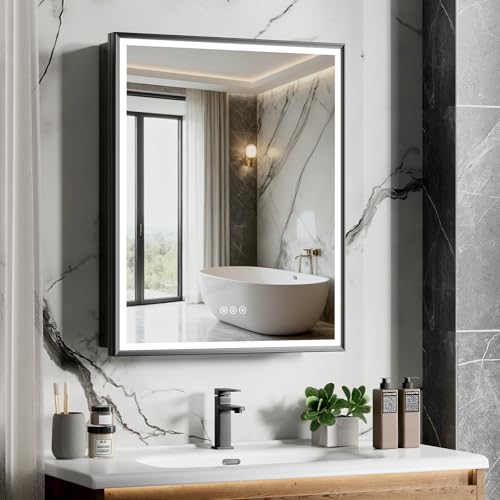 24x30 Inch Lighted Medicine Cabinet Black Aluminum Frame 3-Color Dimmable LED Anti-Fog Mirror Surface & Recessed Mount for Bathroom Hotel Apartment Dressing Room Entryway - color: Black, size: 24X30 IN