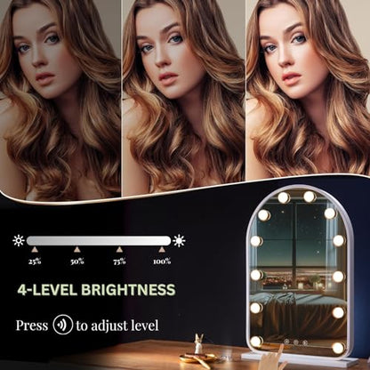 LUXFURNI Vanity Mirror with Lights, 24.5" Arched Hollywood Makeup Mirror | 12 LED Lights, 3 Color Modes, Touch Memory Control, Arched Frame No‑Bend Full‑Face View, HD Anti‑Glare Rust‑Resistant Glass