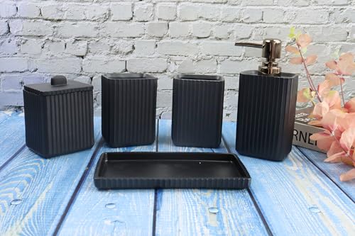 Hymmah Black Bathroom Accessories Set,Unique Design Bathroom Set 5 Pcs Resin Gift Set Apartment Necessities, Contain Cotton Swab Jar,Soap Dispenser,Soap Dish/Tray,Tumbler - color: Black 5