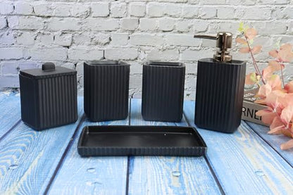 Hymmah Black Bathroom Accessories Set,Unique Design Bathroom Set 5 Pcs Resin Gift Set Apartment Necessities, Contain Cotton Swab Jar,Soap Dispenser,Soap Dish/Tray,Tumbler - color: Black 5