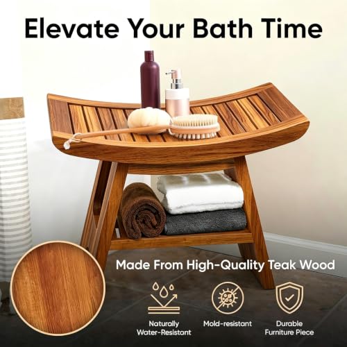 16" Compact Teak Shower Bench Teak Shower Stool Seat Chair with Storage Shelf