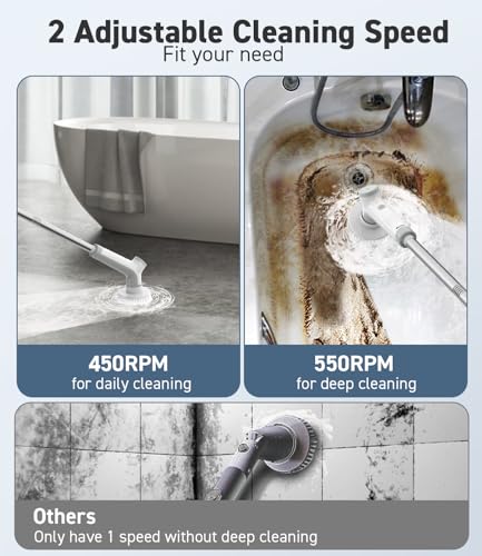 Electric Spin Scrubber, VEWIOR Cordless Shower Scrubber | with 3 Adjustable Angle, 2 Speeds 3 Replaceable Brush Heads for Bathroom Kitchen Tub