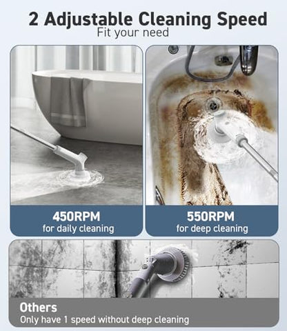 Electric Spin Scrubber, VEWIOR Cordless Shower Scrubber | with 3 Adjustable Angle, 2 Speeds 3 Replaceable Brush Heads for Bathroom Kitchen Tub