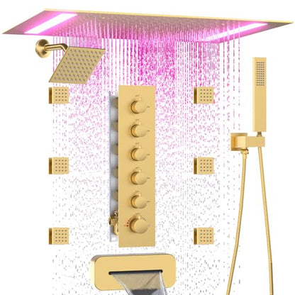 HOMEDEC 14x20inch and 6inch Shower System with Bathtub Spout, 5 Way Valve and 6 Body Jets, Rainfall Shower Head with Handheld Combo, Brushed Gold - color: Brushed Gold, style: 5-Way + 1x 6" Top + Spout