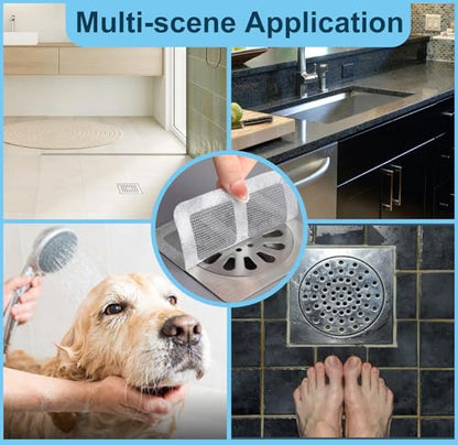 30 Pack Disposable Shower Drain Hair Catcher Mesh Stickers 4"x4" Strong Adhesive Mesh Covers for Bathroom, Kitchen & Laundry Waterproof Hair Trap Easy Apply & Remove