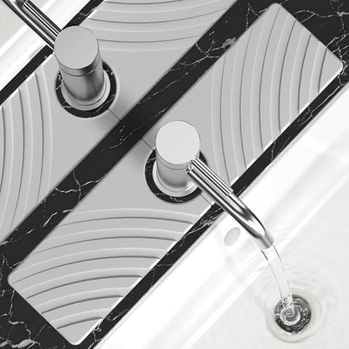 SpaceHacks Stone Faucet Mat for Kitchen Sink - Fast Drying Diatomite Stone Drying Mat, Textured Drainage Sink Protector, Water Splash Guard with Base Pads for Bathroom Counter (15.7x4 in, Light Gray) - color: Light Grey, size: 15.7" × 4"