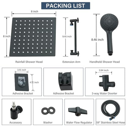 Matte Black Shower Head, High Pressure Rainfall 8 Inch Shower Head/Handheld Showerhead Combo with 10" Extension Arm, Height/Angle Adjustable