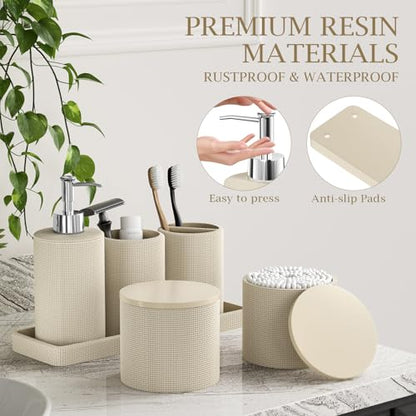 6-Piece Beige Bathroom Set - Mesh Textured Resin Bathroom Accessories Set with Soap Dispenser, Toothbrush Holder, Cup, Vanity Tray & Apothecary Jars for Small Spaces - color: Beige - Mesh Textured