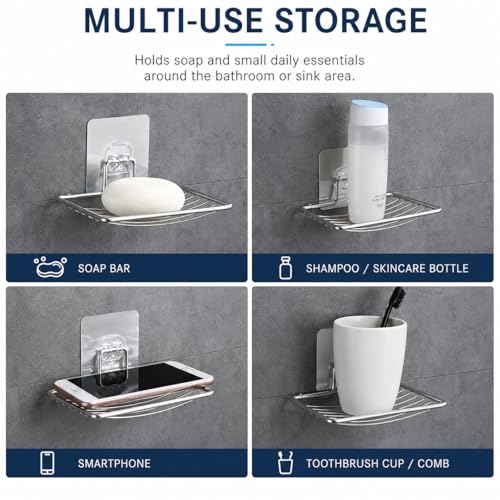 Bar Soap Holder for Shower Wall, Adhesive Stainless Steel Dish with Hooks, Rustproof Saver Tray for Bathroom Kitchen Sink, No Drilling Sponge Razor Storage Caddy, Square Drain Rack