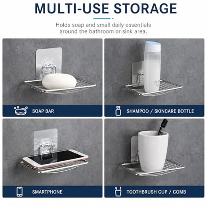 Bar Soap Holder for Shower Wall, Adhesive Stainless Steel Dish with Hooks, Rustproof Saver Tray for Bathroom Kitchen Sink, No Drilling Sponge Razor Storage Caddy, Square Drain Rack