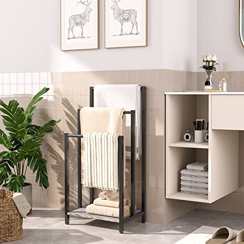 HOOBRO Free Standing Towel Rack, 3 Tier Blanket Rack, Blanket Holder for Bathroom, 16.9" L x 11" W x 31.9" H, Industrial Metal Drying and Display Rack with Shelf, Greige and Black BG03LB01 - color: Greige + Black, size: 16.9"L x 11"W x 31.9"H
