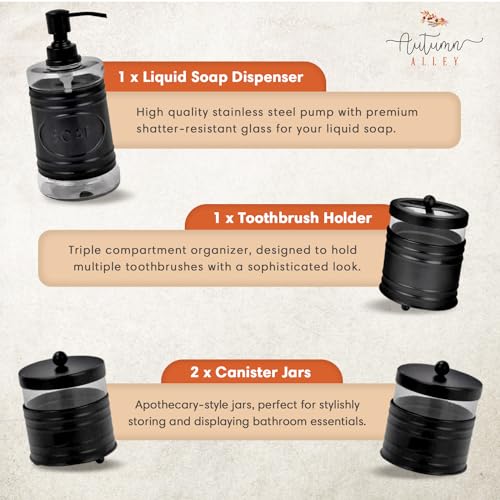 Autumn Alley Farmhouse Matte Black Bathroom Accessories Set (4 PCS) - Lotion Soap Dispenser, Black Toothbrush Holder Set, 2 Glass Apothecary Jars (Qtip Holder) - Rustic Bathroom Accessories Set