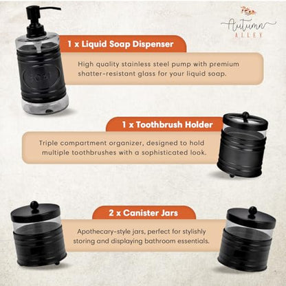 Autumn Alley Farmhouse Matte Black Bathroom Accessories Set (4 PCS) - Lotion Soap Dispenser, Black Toothbrush Holder Set, 2 Glass Apothecary Jars (Qtip Holder) - Rustic Bathroom Accessories Set