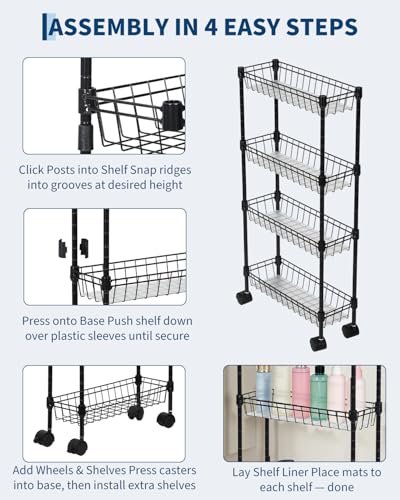 GarveeHome Slim Rolling Storage Cart, 4 Tier Metal Utility Cart with Wheels, Adjustable Shelving Unit Basket for Kitchen Bathroom Laundry Room Living Room & Narrow Corner, 15.75"X5.91"X31.5", Black - size: 4 Tier