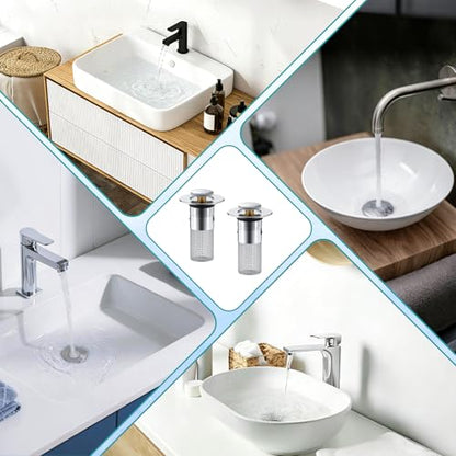 Bathroom Sink Drain Strainer Pop-Up Sink Stopper, Silver, 2Pcs | Hair Catcher Anti-Clog with Removable Stainless Steel Filter Basket, Universal for US Standard Drain Stopper Replacement