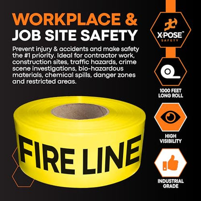 Xpose Safety 3 Mil Yellow Fire Line Do Not Cross Tape – (2 Rolls) | 3" x 1000' High-Visibility Barricade Tape for Construction Sites, Hazards, Crime Scenes - color: Fire Line Do Not Cross, size: 3 Mil