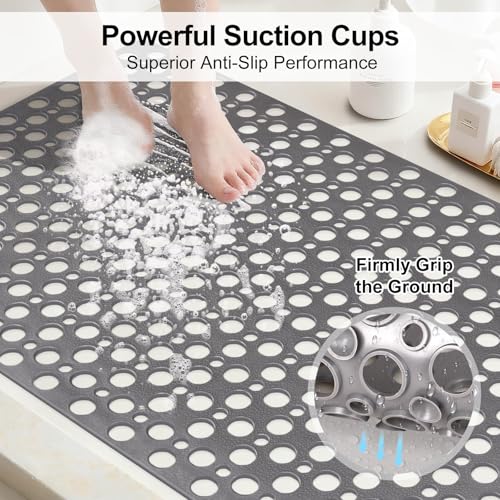 Bathtub Mat Non Slip: 30x17 inch Soft TPE Shower Mat with Suction Cups and Drain Holes, Efficient Drainage Anti Slip Shower Mats for Inside Shower, Easy to Dry&Cut, Machine Washable - color: Grey, size: 30" x 17" (Rectangular)