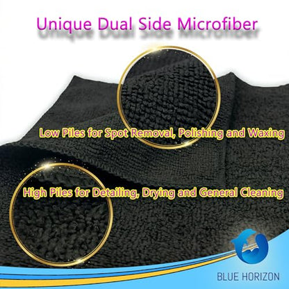 Blue Horizon Black Microfiber Cleaning Towels, 24-Pack Dual-Sided Ultra Soft Plush Washcloth, All Purpose Premium Microfiber Detailing Cleaning Cloths Shop Towels (16" x 16", Black) - color: Black