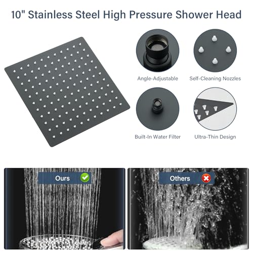 Matte Black Shower Head, High Pressure Rainfall 10 Inch Shower Head/Handheld Showerhead Combo with 10" Extension Arm, Height/Angle Adjustable